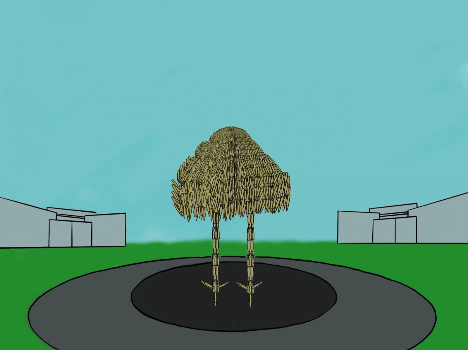 Rendering of the emu statue made of bullets standing in the center of a roundabout