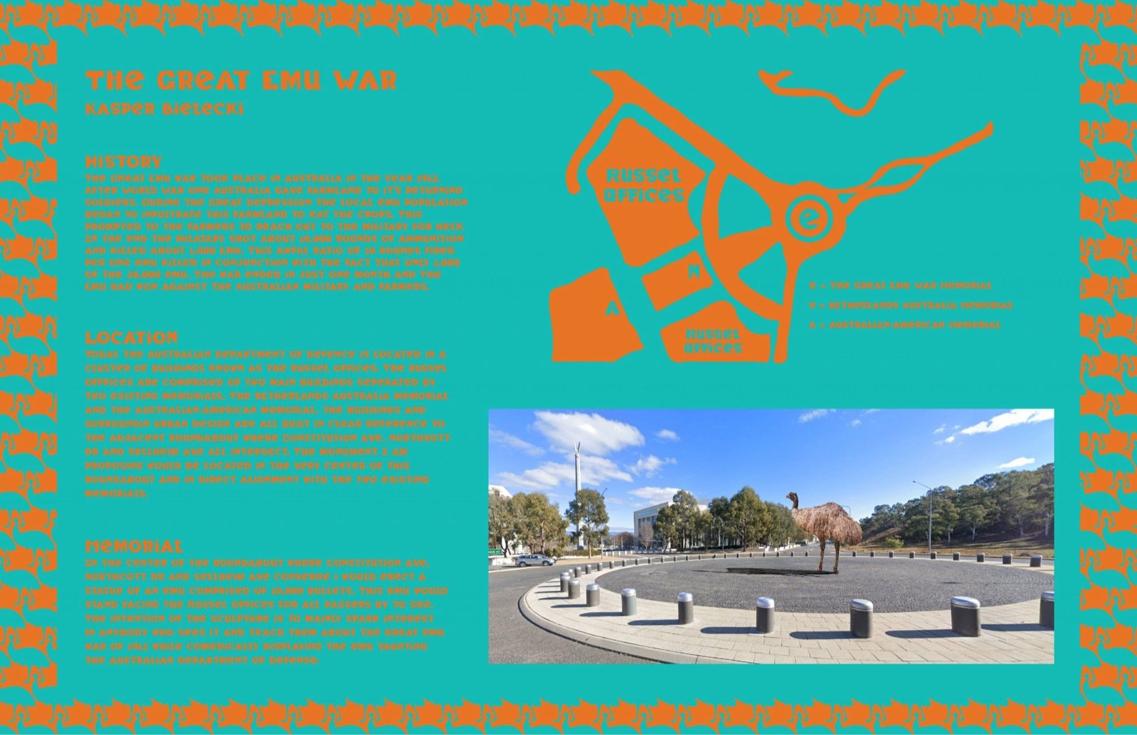 Presentation board for The Great Emu War Monument